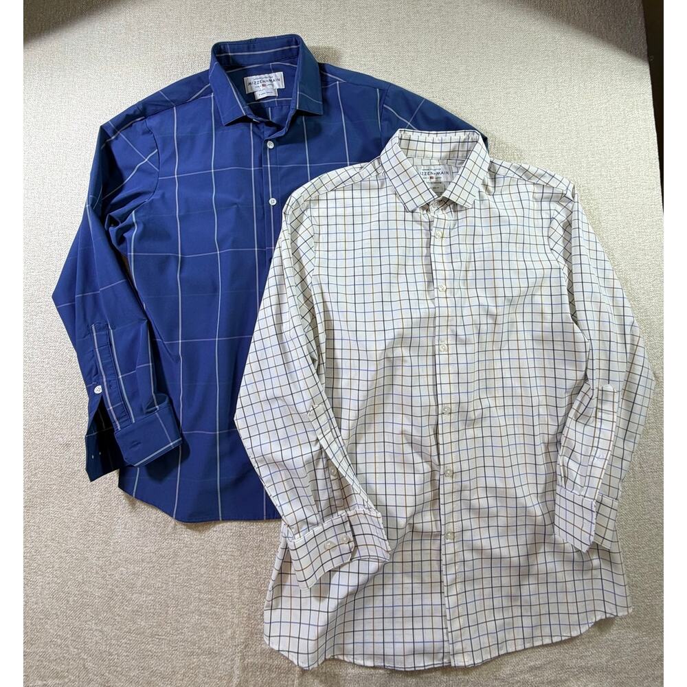 Lot of 2 Mizzen + Main Men XL Leeward Trim Fit Windowpane Dress Button Shirts
